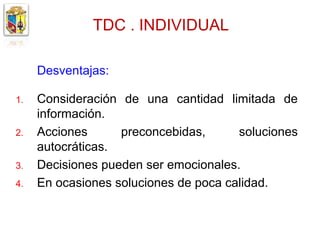 TDC . INDIVIDUAL

     Desventajas:

1.   Consideración de una cantidad limitada de
     información.
2.   Acciones      preconcebidas,      soluciones
     autocráticas.
3.   Decisiones pueden ser emocionales.
4.   En ocasiones soluciones de poca calidad.
 