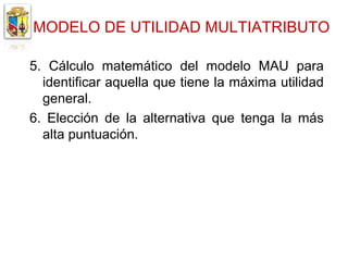 MODELO DE UTILIDAD MULTIATRIBUTO

5. Cálculo matemático del modelo MAU para
  identificar aquella que tiene la máxima utilidad
  general.
6. Elección de la alternativa que tenga la más
  alta puntuación.
 