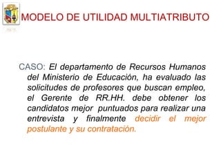 MODELO DE UTILIDAD MULTIATRIBUTO



CASO: El departamento de Recursos Humanos
 del Ministerio de Educación, ha evaluado las
 solicitudes de profesores que buscan empleo,
 el Gerente de RR.HH. debe obtener los
 candidatos mejor puntuados para realizar una
 entrevista y finalmente decidir el mejor
 postulante y su contratación.
 
