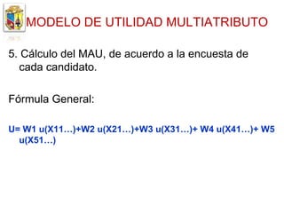 MODELO DE UTILIDAD MULTIATRIBUTO

5. Cálculo del MAU, de acuerdo a la encuesta de
  cada candidato.

Fórmula General:

U= W1 u(X11…)+W2 u(X21…)+W3 u(X31…)+ W4 u(X41…)+ W5
  u(X51…)
 