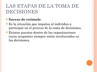 LAS ETAPAS DE LA TOMA DE DECISIONES Suceso de estímulo Es la situación que impulsa al individuo a participar en el proceso de la toma de decisiones. Existen puestos dentro de las organizaciones cuyos ocupantes siempre están involucrados en las decisiones. 