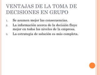 VENTAJAS DE LA  TOMA DE DECISIONES EN GRUPO Se asumen mejor las consecuencias. La información acerca de la decisión fluye mejor en todos los niveles de la empresa. La estrategia de solución es más completa. 