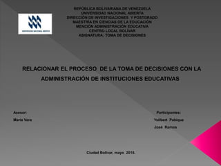 REPÚBLICA BOLIVARIANA DE VENEZUELA
UNIVERSIDAD NACIONAL ABIERTA
DIRECCIÓN DE INVESTIGACIONES Y POSTGRADO
MAESTRÍA EN CIENCIAS DE LA EDUCACIÓN
MENCIÓN ADMINISTRACIÓN EDUCATIVA
CENTRO LOCAL BOLÍVAR
ASIGNATURA: TOMA DE DECISIONES
RELACIONAR EL PROCESO DE LA TOMA DE DECISIONES CON LA
ADMINISTRACIÓN DE INSTITUCIONES EDUCATIVAS
Asesor: Participantes:
María Vera Yolibert Pabique
José Ramos
Ciudad Bolívar, mayo 2018.
 