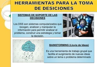 SISTEMAS DE SOPORTE DE LAS
DECISIONES
Los DSS son sistemas computarizados que
recogen, analizan y manipulan la
información para permitir analizar el
problema, construir una estrategia y tomar
la decisión.
BAINSTORMING (Lluvia de Ideas)
Es una herramienta de trabajo grupal que
facilita el surgimiento de nuevas ideas
sobre un tema o problema determinado
 