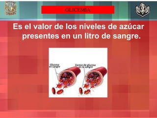 GLICEMIA


Es el valor de los niveles de azúcar
  presentes en un litro de sangre.
 