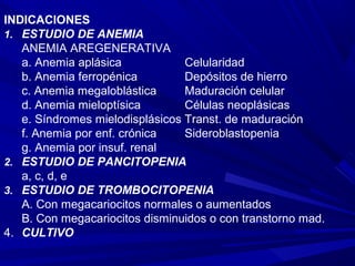 INDICACIONES
1. ESTUDIO DE ANEMIA
ANEMIA AREGENERATIVA
a. Anemia aplásica Celularidad
b. Anemia ferropénica Depósitos de hierro
c. Anemia megaloblástica Maduración celular
d. Anemia mieloptísica Células neoplásicas
e. Síndromes mielodisplásicos Transt. de maduración
f. Anemia por enf. crónica Sideroblastopenia
g. Anemia por insuf. renal
2. ESTUDIO DE PANCITOPENIA
a, c, d, e
3. ESTUDIO DE TROMBOCITOPENIA
A. Con megacariocitos normales o aumentados
B. Con megacariocitos disminuidos o con transtorno mad.
4. CULTIVO
 