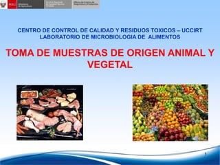 CENTRO DE CONTROL DE CALIDAD Y RESIDUOS TOXICOS – UCCIRT
LABORATORIO DE MICROBIOLOGIA DE ALIMENTOS
TOMA DE MUESTRAS DE ORIGEN ANIMAL Y
VEGETAL
1
 