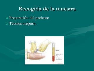 Recogida de la muestra Preparación del paciente. Técnica aséptica. 