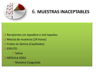 6. MUESTRAS INACEPTABLES
 Recipientes sin tapadera o mal tapados
 Mezcla de muestras (24 horas)
 Frotes en lámina (Cepillados)
 ESPUTO
 Saliva
 MEDULA OSEA
 Muestra Coagulada
 