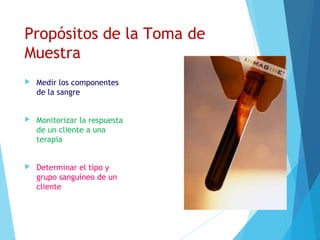 Propósitos de la Toma de
Muestra
 Medir los componentes
de la sangre
 Monitorizar la respuesta
de un cliente a una
terapia
 Determinar el tipo y
grupo sanguíneo de un
cliente
 