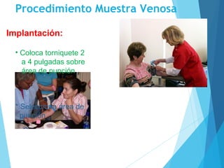 Procedimiento Muestra Venosa
• Coloca torniquete 2
a 4 pulgadas sobre
área de punción
* Selecciona área de
punción
Implantación:
 