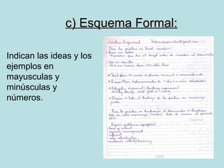 c) Esquema Formal:

Indican las ideas y los
ejemplos en
mayusculas y
minúsculas y
números.
 