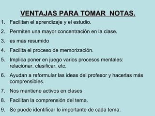 VENTAJAS PARA TOMAR NOTAS.
1. Facilitan el aprendizaje y el estudio.
2. Permiten una mayor concentración en la clase.
3. es mas resumido
4. Facilita el proceso de memorización.
5. Implica poner en juego varios procesos mentales:
   relacionar, clasificar, etc.
6. Ayudan a reformular las ideas del profesor y hacerlas más
   comprensibles.
7. Nos mantiene activos en clases
8. Facilitan la comprensión del tema.
9. Se puede identificar lo importante de cada tema.
 