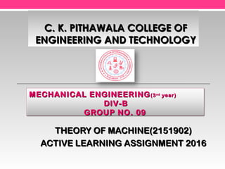 THEORY OF MACHINE(2151902)THEORY OF MACHINE(2151902)
ACTIVE LEARNING ASSIGNMENT 2016ACTIVE LEARNING ASSIGNMENT 2016
C. K. PITHAWALA COLLEGE OFC. K. PITHAWALA COLLEGE OF
ENGINEERING AND TECHNOLOGYENGINEERING AND TECHNOLOGY
MECHANICAL ENGINEERINGMECHANICAL ENGINEERING(3(3ndnd
year)year)
DIV-BDIV-B
GROUP NO. 09GROUP NO. 09
 