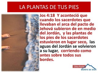 LA PLANTAS DE TUS PIES
       Jos 4:18 Y aconteció que
       cuando los sacerdotes que
       llevaban el arca del pacto de
       Jehová subieron de en medio
       del Jordán, y las plantas de
       los pies de los sacerdotes
       estuvieron en lugar seco, las
       aguas del Jordán se volvieron
       a su lugar, corriendo como
       antes sobre todos sus
       bordes.
 