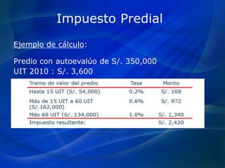 Ejemplo de cálculo:
Predio con autoevalúo de S/. 350,000
UIT 2010 : S/. 3,600
Impuesto Predial
 