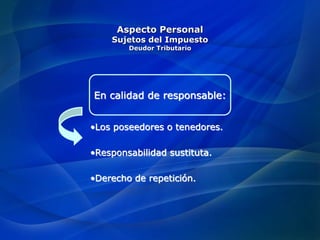 En calidad de responsable:
•Los poseedores o tenedores.
•Responsabilidad sustituta.
•Derecho de repetición.
Aspecto Personal
Sujetos del Impuesto
Deudor Tributario
 