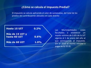¿Cómo se calcula el Impuesto Predial?
El impuesto se calcula aplicando al valor de autoevalúo, del total de los
predios del contribuyente ubicados en cada distrito
Hasta 15 UIT 0.2%
Más de 15 UIT y
hasta 60 UIT 0.6%
Más de 60 UIT 1.0%
Las Municipalidades están
facultadas a establecer un
monto mínimo de 0.6% de la UIT
vigente al 1 de enero del año al
que corresponde el impuesto.
(En el 2010 el monto mínimo a
pagar es S/.21.6).
 