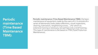 Periodic
maintenance
(Time Based
Maintenance
TBM):
Periodic maintenance (Time Based MaintenanceTBM): the basic
maintenance of equipment made by the users of it. It consists of a
series of elementary tasks (data collections, visual inspections,
cleaning, lubrication, retightening screws,…) for which no
extensive training is necessary, but perhaps only a brief training.
This type of maintenance is the based onTPM (Total Productive
Maintenance).
 