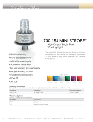 VISUAL SIGNALS

700-15J MINI STROBE®
High Output Single Flash
Warning Light

The model 700-15J High Output Mini Strobe is similar to
the Model 700 Mini Strobe, but features a high power
15 joule power supply which generates 360 Effective
Candlepower.

• aluminum housing
• heavy duty construction
• solid state power supply
• 10,000 hour strobe lamp
• two year warranty on power supply
• one year warranty on lamp
• available in six lens colors

Lens Colors

• NEMA 3R
• 360 ECP

Amber

Blue

Clear

Green

Purple

Red

Ordering Information

Please specify lens colors and model number when ordering. Available colors are Amber, Blue, Clear, Green, Purple and Red.

Model No.

Description

Voltage/Frequency

700–110-15J

AC strobe, 15 joule

120VAC, 50/60HZ

Mounting Options

NOTE: All “/“ options are factory installed only.

Model No.
/PM1

1/2” pipe mount

/M

24

Description

Magnetic mount #90 magnet

TOMAR Electronics, Inc.

2100 W. Obispo Ave.

Gilbert, AZ 85233 USA

(800) 338-3133 tel

(800) 688-6627 fax

www.tomar.com

 