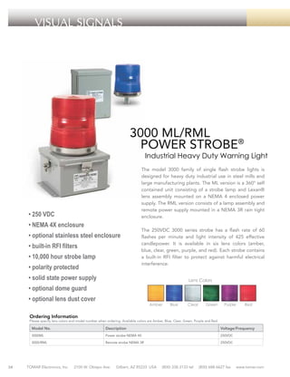 VISUAL SIGNALS

3000 ML/RML
POWER STROBE®

Industrial Heavy Duty Warning Light

The model 3000 family of single flash strobe lights is
designed for heavy duty industrial use in steel mills and
large manufacturing plants. The ML version is a 360° self
contained unit consisting of a strobe lamp and Lexan®
lens assembly mounted on a NEMA 4 enclosed power
supply. The RML version consists of a lamp assembly and
remote power supply mounted in a NEMA 3R rain tight
enclosure.

• 250 VDC
• NEMA 4X enclosure
• optional stainless steel enclosure
• built-in RFI filters
• 10,000 hour strobe lamp
• polarity protected

The 250VDC 3000 series strobe has a flash rate of 60
flashes per minute and light intensity of 425 effective
candlepower. It is available in six lens colors (amber,
blue, clear, green, purple, and red). Each strobe contains
a built-in RFI filter to protect against harmful electrical
interference.

• solid state power supply

Lens Colors

• optional dome guard
• optional lens dust cover

Amber

Blue

Clear

Green

Purple

Red

Ordering Information

Please specify lens colors and model number when ordering. Available colors are Amber, Blue, Clear, Green, Purple and Red.

Model No.

Voltage/Frequency

Power strobe NEMA 4X

250VDC

3000/RML

34

Description

3000ML

Remote strobe NEMA 3R

250VDC

TOMAR Electronics, Inc.

2100 W. Obispo Ave.

Gilbert, AZ 85233 USA

(800) 338-3133 tel

(800) 688-6627 fax

www.tomar.com

 