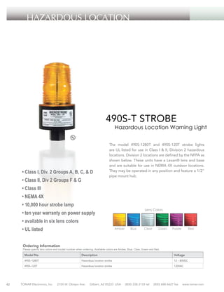 HAZARDOUS LOCATION

490S-T STROBE

Hazardous Location Warning Light

• Class I, Div. 2 Groups A, B, C, & D
• Class II, Div 2 Groups F & G

The model 490S-1280T and 490S-120T strobe lights
are UL listed for use in Class I & II, Division 2 hazardous
locations. Division 2 locations are defined by the NFPA as
shown below. These units have a Lexan® lens and base
and are suitable for use in NEMA 4X outdoor locations.
They may be operated in any position and feature a 1/2”
pipe mount hub.

• Class III
• NEMA 4X
• 10,000 hour strobe lamp

Lens Colors

• ten year warranty on power supply
• available in six lens colors
• UL listed

Amber

Blue

Clear

Green

Purple

Red

Ordering Information

Please specify lens colors and model number when ordering. Available colors are Amber, Blue, Clear, Green and Red.

Model No.

Voltage

490S–1280T

Hazardous location strobe

12 – 80VDC

490S–120T

42

Description

Hazardous location strobe

120VAC

TOMAR Electronics, Inc.

2100 W. Obispo Ave.

Gilbert, AZ 85233 USA

(800) 338-3133 tel

(800) 688-6627 fax

www.tomar.com

 
