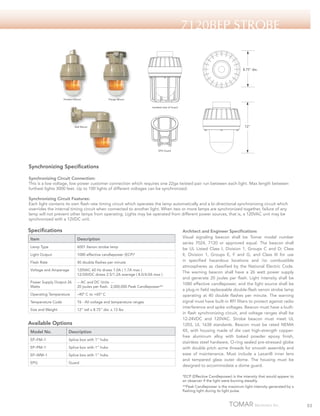 7120BEP Strobe

8.75" dia.

Pendant Mount

Flange Mount
Installed view of Guard

12"

Wall Mount

EPG Guard

Synchronizing Specifications
Synchronizing Circuit Connection:
This is a low voltage, low power customer connection which requires one 22ga twisted pair run between each light. Max length between
furthest lights 3000 feet. Up to 100 lights of different voltages can be synchronized.
Synchronizing Circuit Features:
Each light contains its own flash rate timing circuit which operates the lamp automatically and a bi-directional synchronizing circuit which
overrides the internal timing circuit when connected to another light. When two or more lamps are synchronized together, failure of any
lamp will not prevent other lamps from operating. Lights may be operated from different power sources, that is, a 120VAC unit may be
synchronized with a 12VDC unit.

Specifications
Item

Description

Lamp Type

6001 Xenon strobe lamp

Light Output

1080 effective candlepower (ECP)*

Flash Rate

40 double flashes per minute

Voltage and Amperage

120VAC 60 Hz draws 1.0A ( 1.7A max )
12/24VDC draws 2.5/1.2A average ( 8.0/4.0A max )

Power Supply Output 26
Watts

-- AC and DC Units -20 joules per flash. 2,000,000 Peak Candlepower**

Operating Temperature

–40º C to +65º C

Temperature Code

T6 - All voltage and temperature ranges

Size and Weight

12” tall x 8.75” dia. x 13 lbs

Available Options
Model No.

Description

EP–FM–1

Splice box with 1” hubs

EP–PM–1

Splice box with 1” hubs

EP–WM–1

Splice box with 1” hubs

EPG

Guard

Architect and Engineer Specifications
Visual signaling beacon shall be Tomar model number
series 7024, 7120 or approved equal. The beacon shall
be UL Listed Class I, Division 1, Groups C and D; Class
II, Division 1, Groups E, F and G; and Class III for use
in specified hazardous locations and /or combustible
atmospheres as classified by the National Electric Code.
The warning beacon shall have a 26 watt power supply
and generate 20 joules per flash. Light intensity shall be
1080 effective candlepower, and the light source shall be
a plug-in field replaceable double-flash xenon strobe lamp
operating at 40 double flashes per minute. The warning
signal must have built-in RFI filters to protect against radio
interference and spike voltages. Beacon must have a builtin flash synchronizing circuit, and voltage ranges shall be
12-24VDC and 120VAC. Strobe beacon must meet UL
1203, UL 1638 standards. Beacon must be rated NEMA
4X, with housing made of die cast high-strength copperfree aluminum alloy with baked powder epoxy finish,
stainless steel hardware, O-ring sealed pre-stressed globe
with double pitch acme threads for smooth assembly and
ease of maintenance. Must include a Lexan® inner lens
and tempered glass outer dome. The housing must be
designed to accommodate a dome guard.
*ECP (Effective Candlepower) is the intensity that would appear to
an observer if the light were burning steadily.
**Peak Candlepower is the maximum light intensity generated by a
flashing light during its light pulse.

53

 