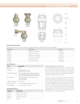3000 Series LED

7.44" dia.

Pendant Mount

Flange Mount

Installed view of Guard

11.1"

Wall Mount

BEPG Guard

Ordering Information
Please specify LED colors and model number when ordering. Available colors are Amber, Blue, Green, Red, and White.

Model No.

Description

Voltage

3024XLF

flange mount, 3/4” hubs

12-36 VDC

3124XLF

flange mount, 3/4” hubs

120-240 VAC

3024XLP

pendant mount, 3/4” hubs

12-36 VDC

3124XLP

pendant mount, 3/4” hubs

120-240 VAC

3024XLW

wall mount, 3/4” hubs

12-36 VDC

3124XLW

wall mount, 3/4” hubs

120-240 VAC

Specifications
Item

Description

Lamp Type

LED

Flash Rate

80 Single Flash per minute
40 Double Flash per minute

Voltage and Amperage

170 mA @ 24 VDC Flashing; 500 mA Steady-burn
035 mA @ 120 VAC Flashing; 100 mA Steady-burn
020 mA @ 240 VAC Flashing; 050 mA Steady-burn

In-rush Current

1.5 Amps @ 24 VDC Flashing and Steady-burn
065 mA @ 120 VAC
125 mA @ 240 VAC

Operating Temperature

-55º C to 85º C

Temperature Code

T6 - All voltage and temperature ranges

Size and Weight

11.1” tall x 7.44” dia. x 12 lbs

Available Options
Model No.

Description

EP–FM–1

Splice box with 1” hubs

EP–WM–1

Splice box with 1” hubs

BEPG

Operating voltage ranges shall be 10-36 VDC or 85-265 VAC.
Operating temperature range shall be from -40 C to 85 C.
Beacon shall have built-in selector switch to allow operation
in Steady On, Single Flash, or Double Flash modes. Beacon
must be rated NEMA 4X, with housing made of die cast highstrength copper-free aluminum alloy with baked powder
epoxy finish, stainless steel hardware, O-ring sealed prestressed globe with double pitch acme threads for smooth
assembly and ease of maintenance. The housing must be
designed to accommodate a dome guard.

Splice box with 1” hubs

EP–PM–1

Architect and Engineer Specifications
LED visual signaling beacon shall be Tomar model number
series 3024 or 3124 or approved equal. The beacon shall
be UL Listed Class I, Division 1, Groups C and D; Class II,
Division 1, Groups E, F and G; and Class III for use in specified
hazardous locations and /or combustible atmospheres as
classified by the National Electric Code.

Guard

55

 