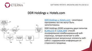DDR Holdings v. Hotels.com - некоторые
программы все же могут быть
запатентованы.
DDR Holdings (DDR) владелец двух патентов
(6,993,572 и 7,818,399): способ
генерирования комбинированной веб-
страницы, которая включает в себя
определенные визуальные элементы веб-
сайта с содержанием информации от
стороннего продавца.
DDR Holdings v. Hotels.com
SOFTWARE PATENTS: BREAKING BAD IN USA & EU
 
