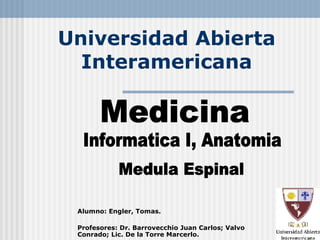 Universidad Abierta Interamericana Alumno: Engler, Tomas. Profesores: Dr. Barrovecchio Juan Carlos; Valvo Conrado; Lic. De la Torre Marcerlo. Medicina Informatica I, Anatomia Medula Espinal 