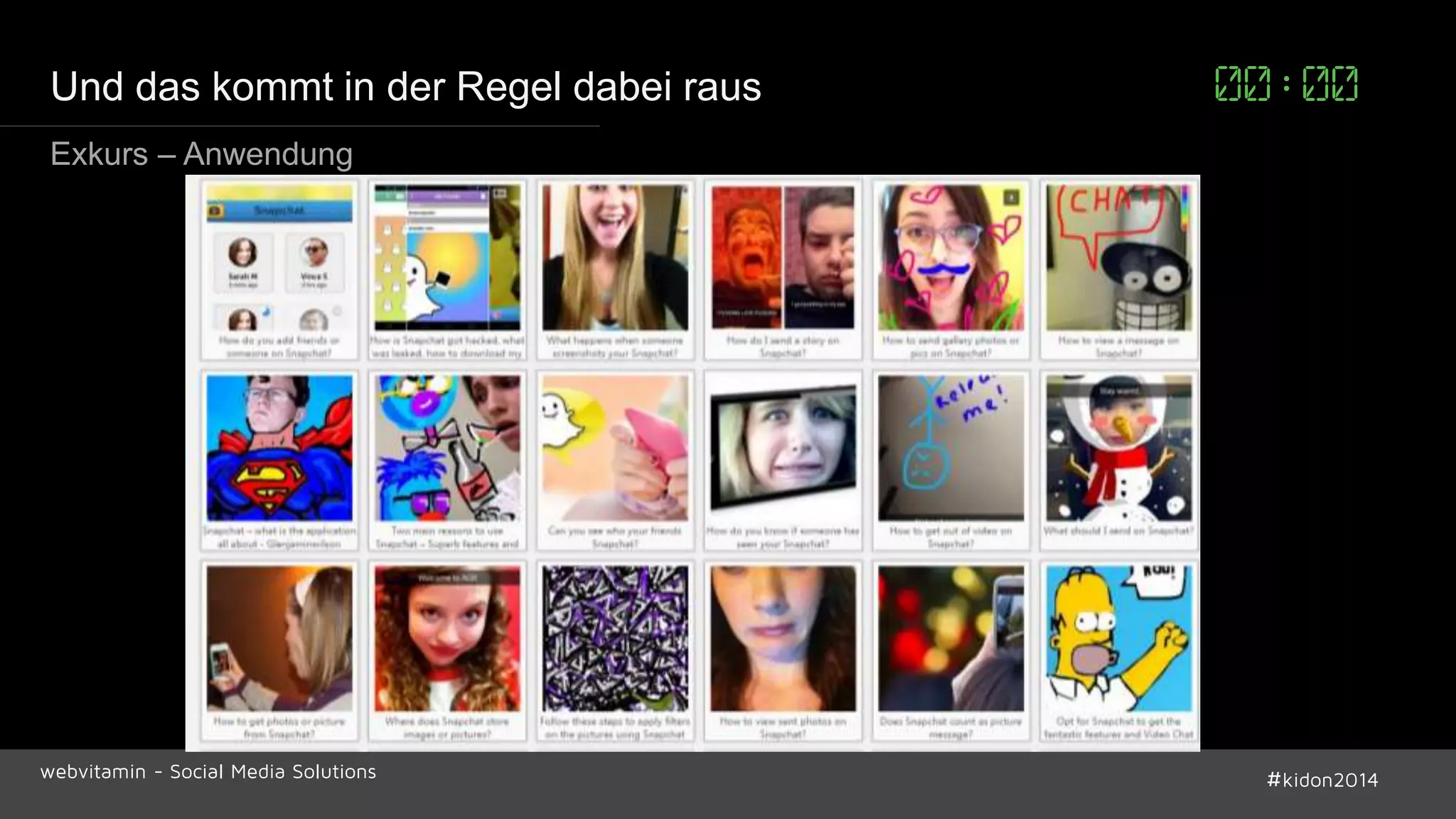 Und das kommt in der Regel dabei raus 00:00 
Exkurs – Anwendung 
webvitamin - Social Media Solutions #kidon2014 
 
