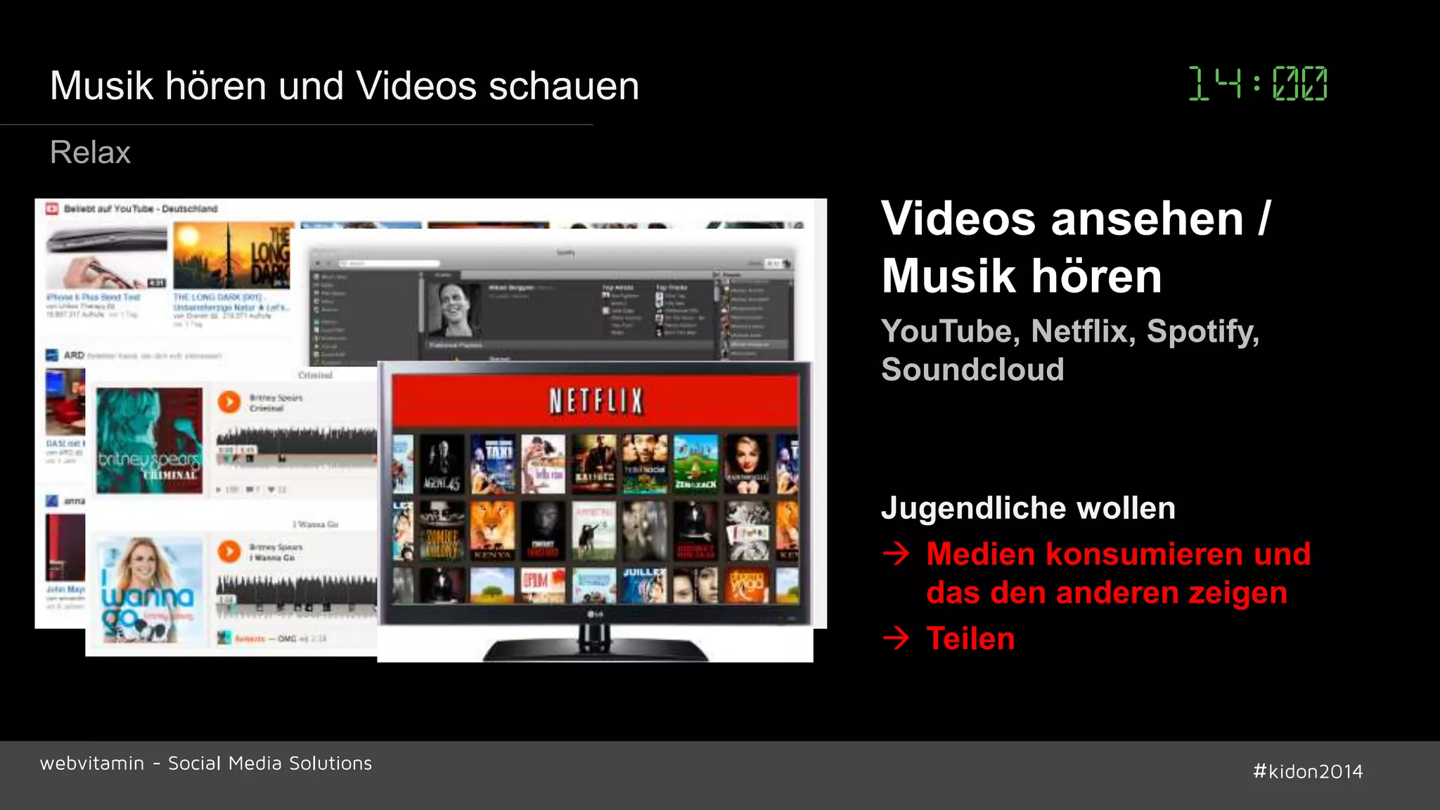 Musik hören und Videos schauen 14:00 
Videos ansehen / 
Musik hören 
YouTube, Netflix, Spotify, 
Soundcloud 
Jugendliche wollen 
 Medien konsumieren und 
das den anderen zeigen 
 Teilen 
Relax 
webvitamin - Social Media Solutions #kidon2014 
 