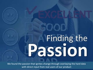 Finding the 
Passion 
We found the passion that ignites change through overlaying the hard data 
with direct input from real users of our product 
 