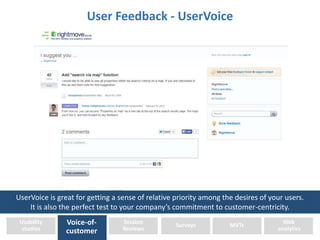 Voice-of-customer 
Usability 
studies 
Session 
Reviews 
Surveys MVTs 
Web 
analytics 
User Feedback - UserVoice 
UserVoice is great for getting a sense of relative priority among the desires of your users. 
It is also the perfect test to your company’s commitment to customer-centricity. 
 