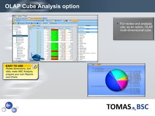 OLAP Cube Analysis option

                             For review and analysis
                              use, as an option, OLAP
                              multi-dimensional cube.




EASY TO USE
Rotate dimensions, sort
data, make ABC Analysis,
prepare your own Reports
and Charts




Page  21
 