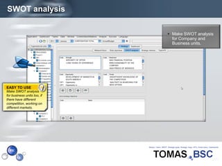 SWOT analysis

                              Make SWOT analysis
                               for Company and
                               Business units.




EASY TO USE
Make SWOT analysis
for business units too, if
there have different
competition, working on
different markets.




Page  7
 