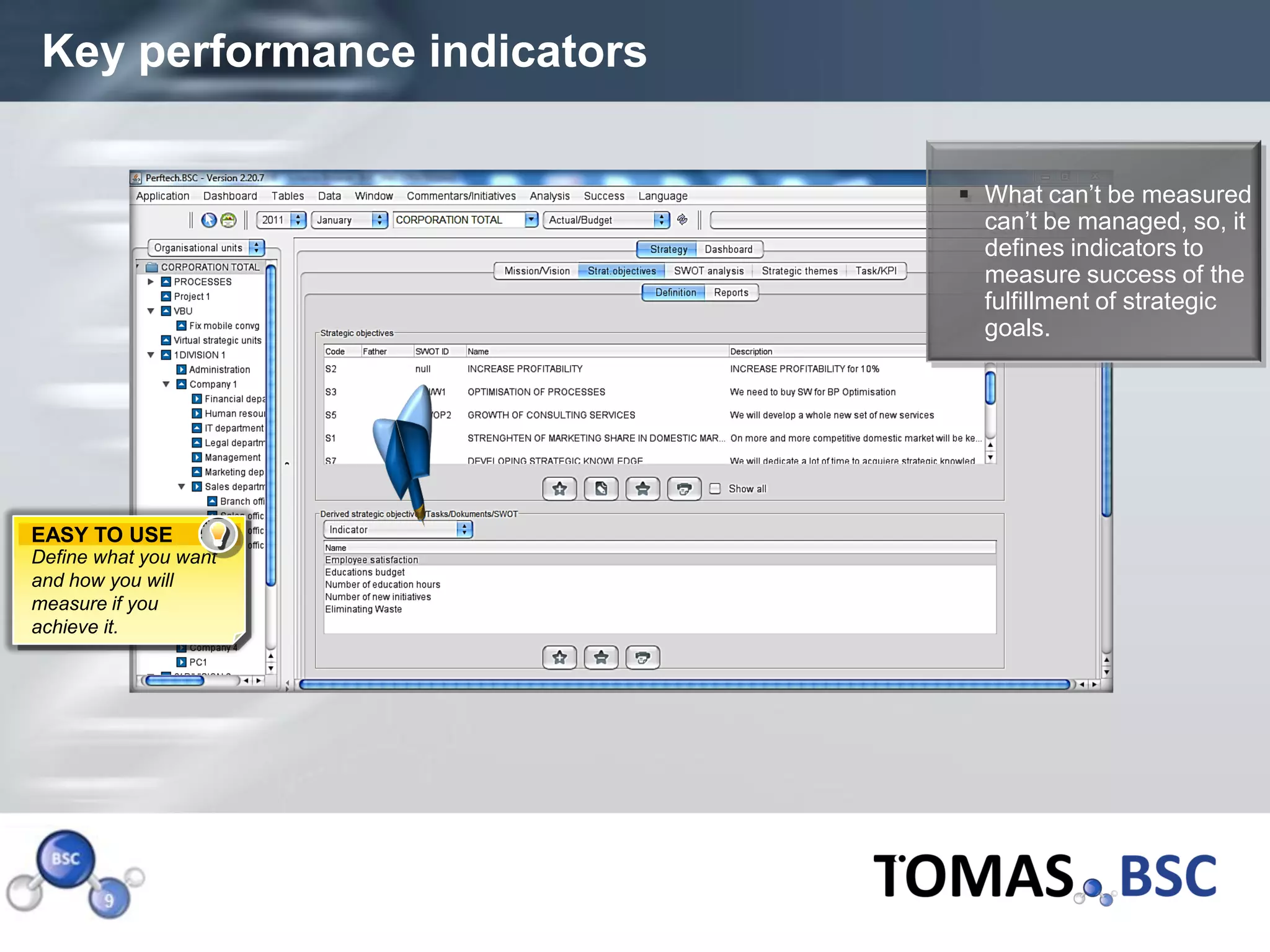 Key performance indicators

                               What can’t be measured
                                can’t be managed, so, it
                                defines indicators to
                                measure success of the
                                fulfillment of strategic
                                goals.




EASY TO USE
Define what you want
and how you will
measure if you
achieve it.




 Page  10
 