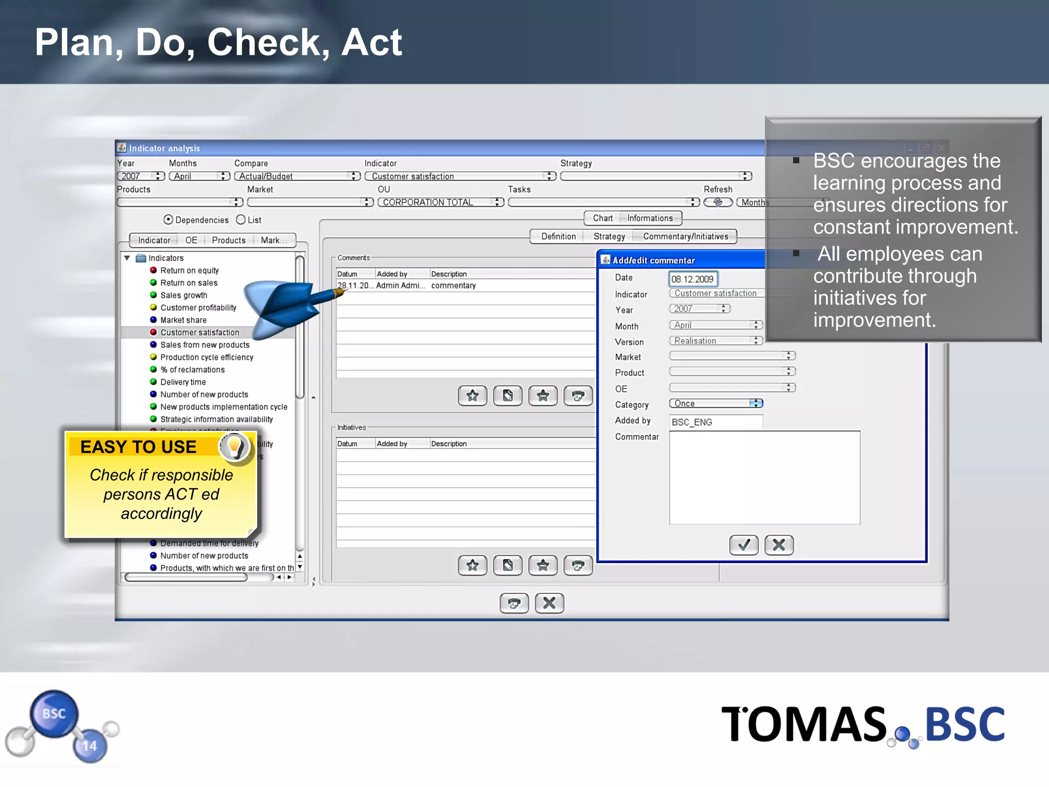 Plan, Do, Check, Act

                               BSC encourages the
                                learning process and
                                ensures directions for
                                constant improvement.
                               All employees can
                                contribute through
                                initiatives for
                                improvement.




      EASY TO USE
       Check if responsible
        persons ACT ed
          accordingly




Page  15
 