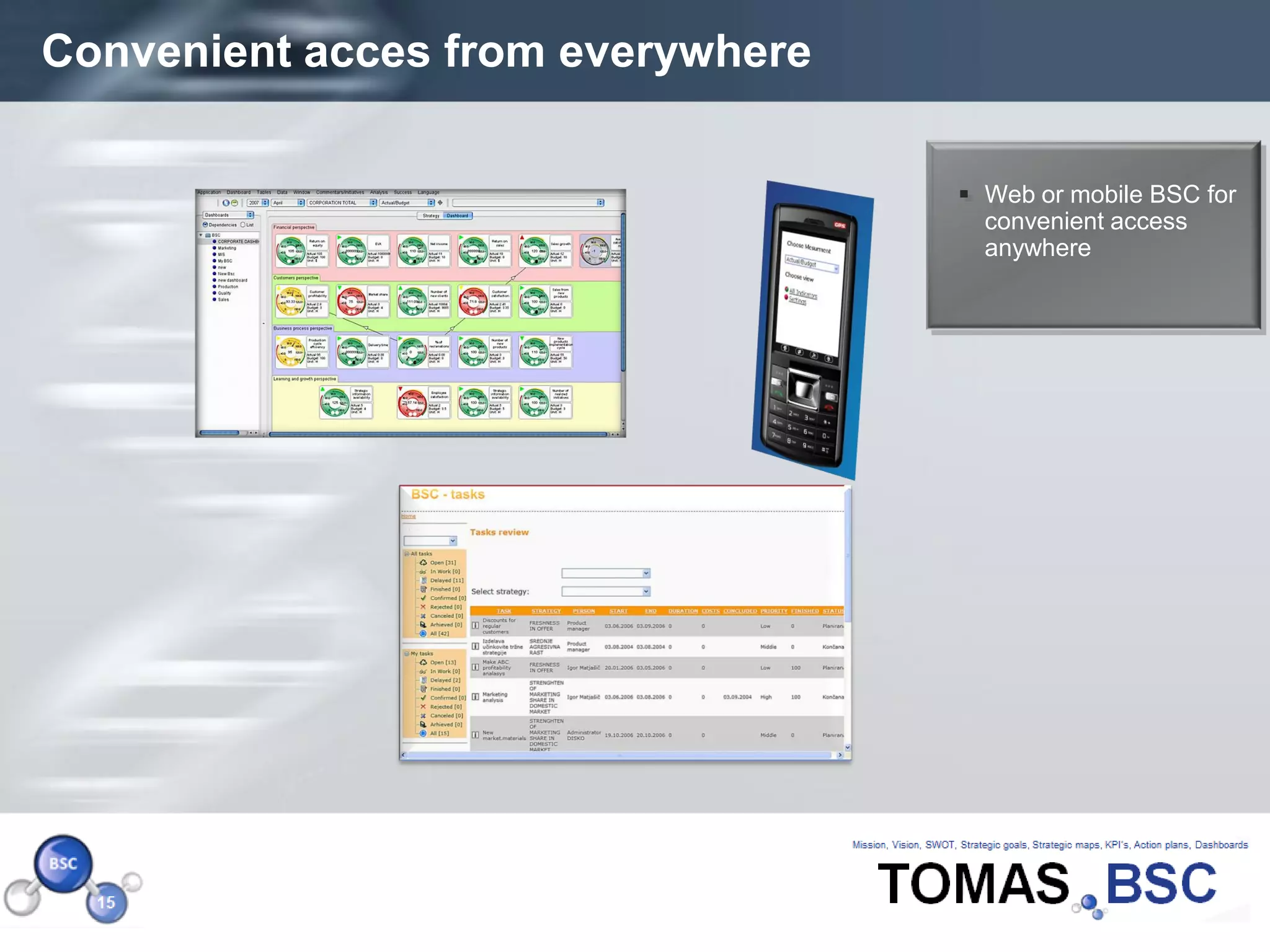 Convenient acces from everywhere

                                    Web or mobile BSC for
                                     convenient access
                                     anywhere




Page  16
 