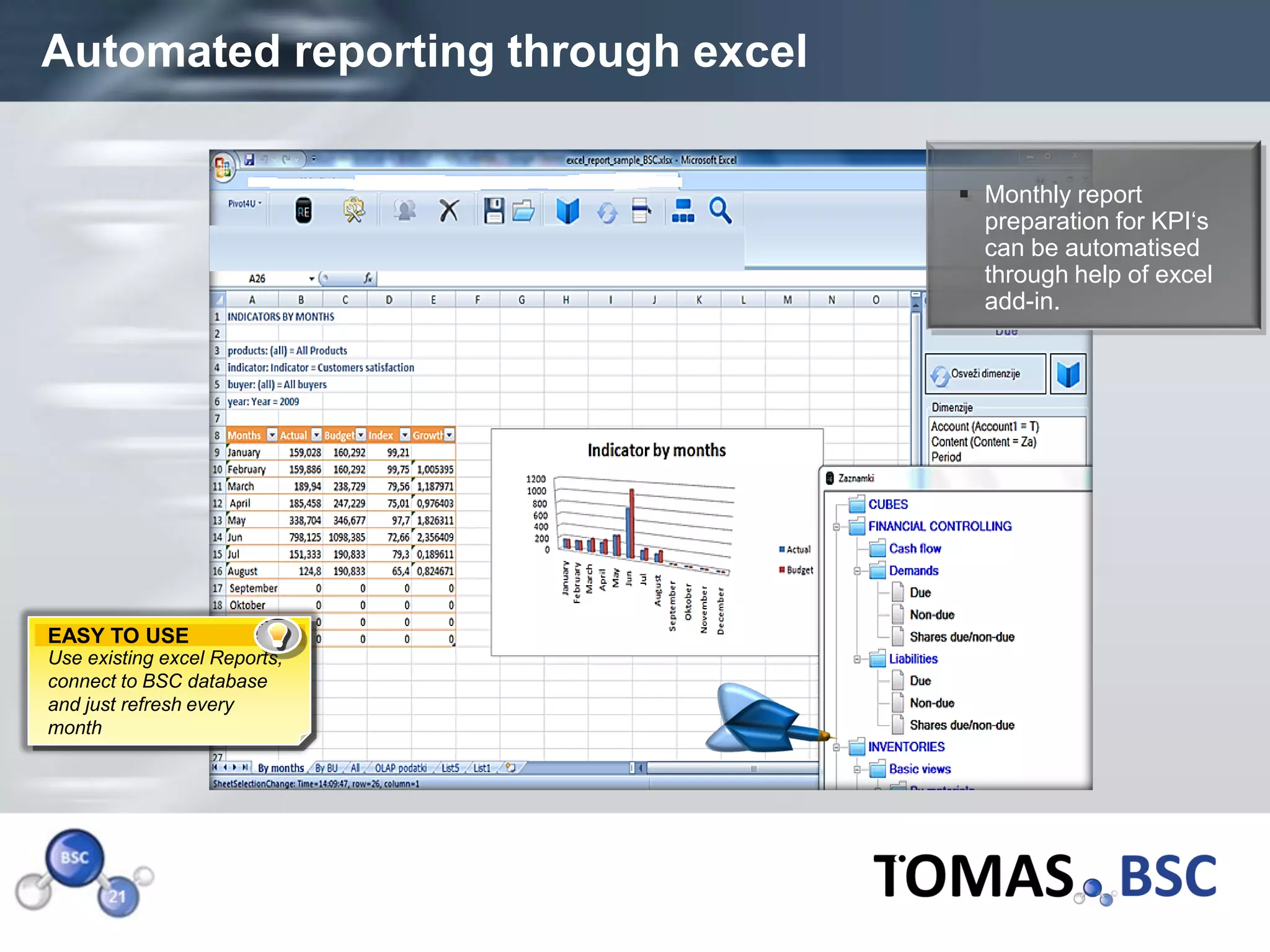 Automated reporting through excel

                                     Monthly report
                                      preparation for KPI‘s
                                      can be automatised
                                      through help of excel
                                      add-in.




EASY TO USE
Use existing excel Reports,
connect to BSC database
and just refresh every
month




Page  22
 