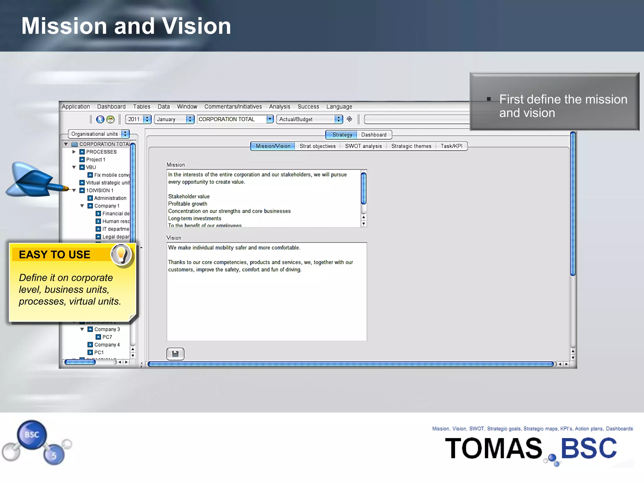 Mission and Vision

                             First define the mission
                              and vision




EASY TO USE

Define it on corporate
level, business units,
processes, virtual units.




Page  6
 