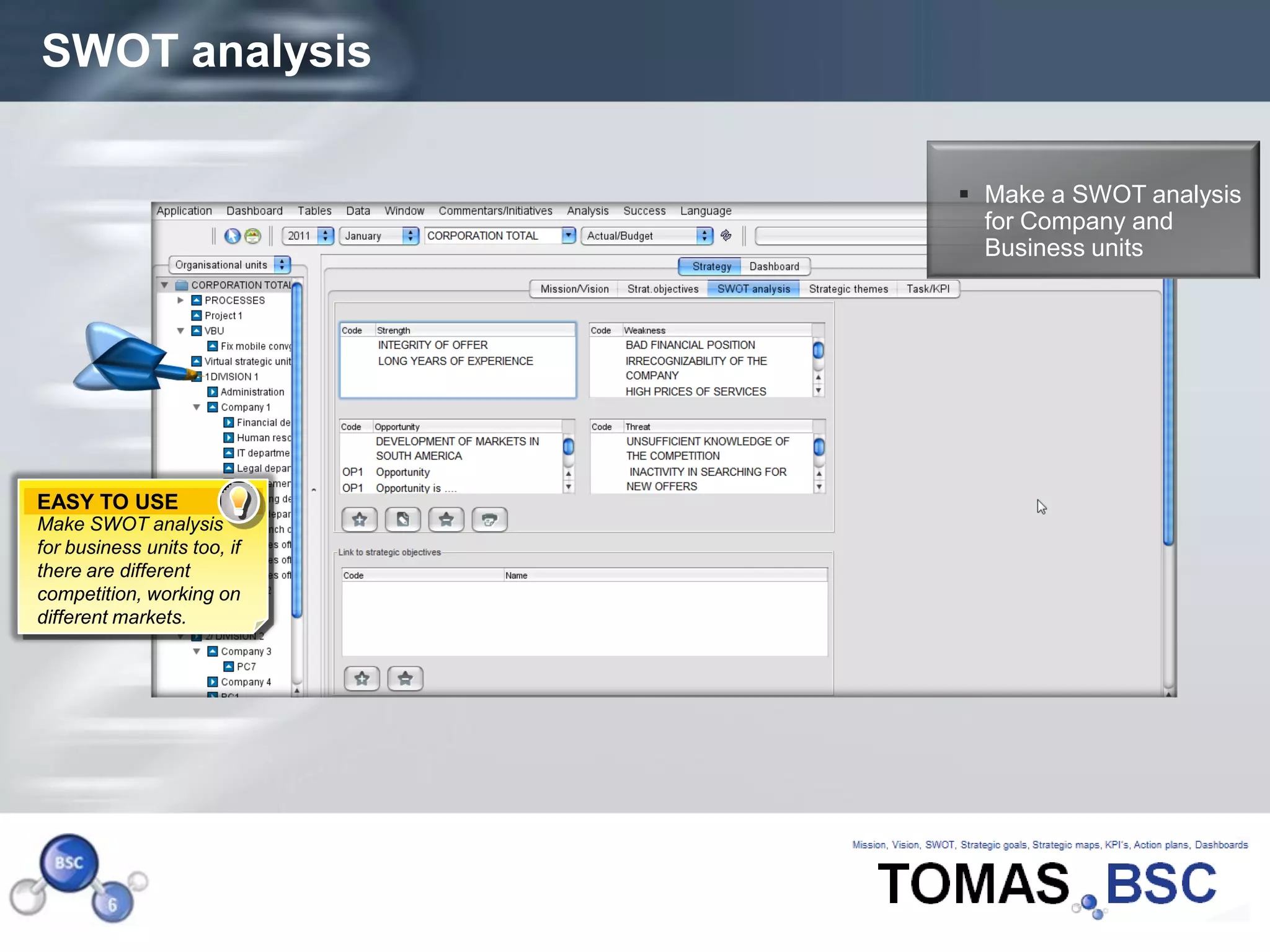 SWOT analysis

                              Make a SWOT analysis
                               for Company and
                               Business units




EASY TO USE
Make SWOT analysis
for business units too, if
there are different
competition, working on
different markets.




Page  7
 