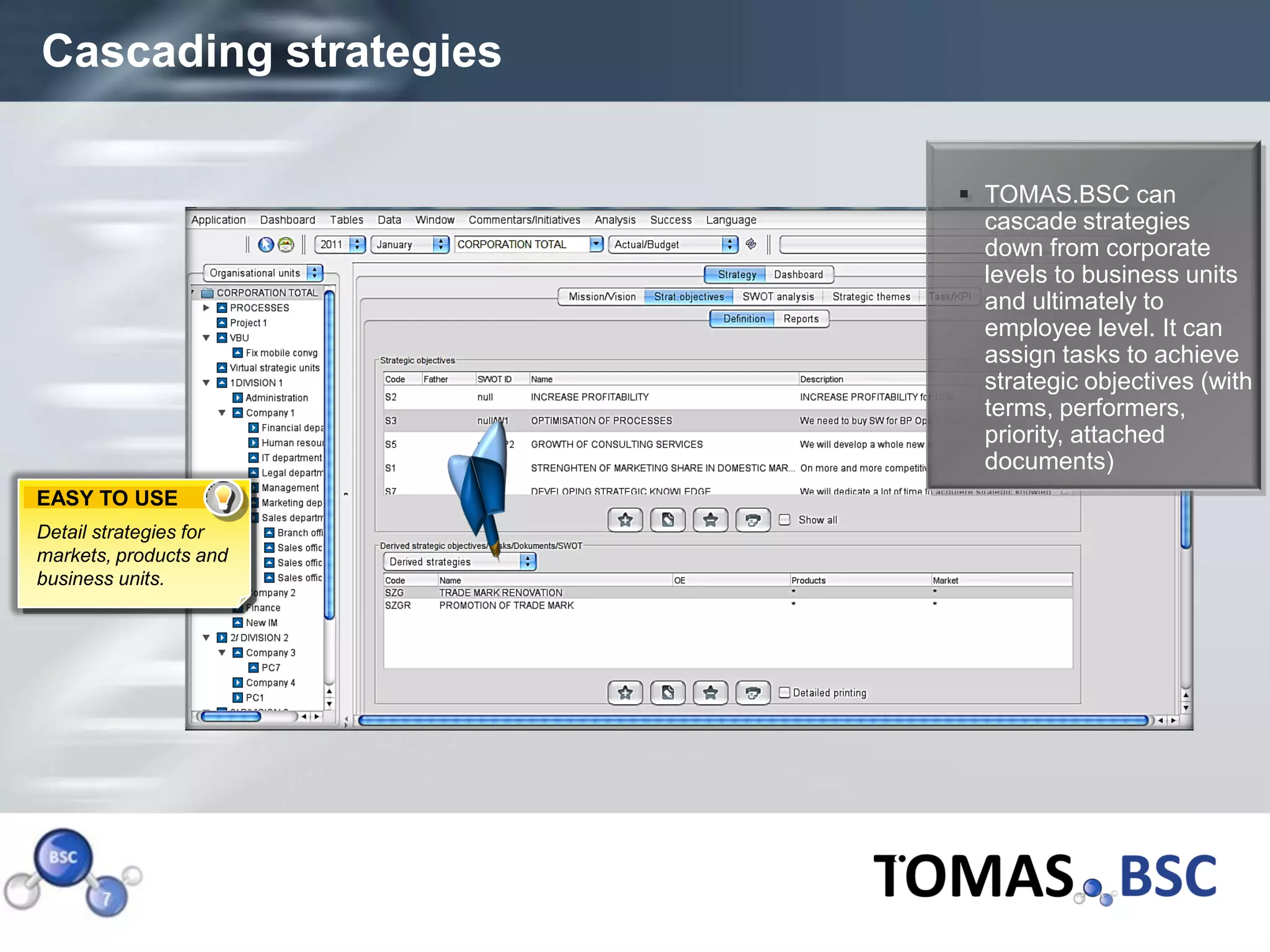 Cascading strategies

                         TOMAS.BSC can
                          cascade strategies
                          down from corporate
                          levels to business units
                          and ultimately to
                          employee level. It can
                          assign tasks to achieve
                          strategic objectives (with
                          terms, performers,
                          priority, attached
                          documents)
EASY TO USE
Detail strategies for
markets, products and
business units.




Page  8
 
