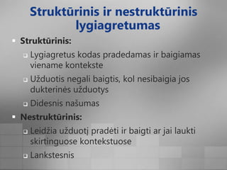 Struktūrinis ir nestruktūrinis lygiagretumasStruktūrinis:Lygiagretus kodas pradedamas ir baigiamas viename konteksteUžduotis negali baigtis, kol nesibaigia jos dukterinės užduotysDidesnis našumasNestruktūrinis:Leidžia užduotį pradėti ir baigti ar jai laukti skirtinguose kontekstuoseLankstesnis