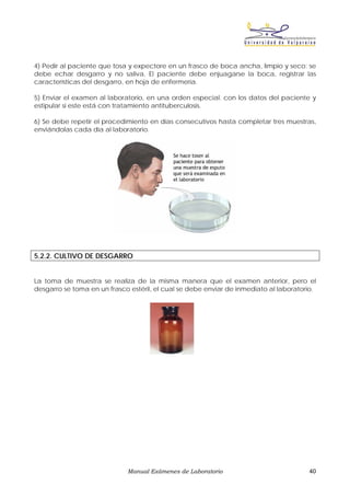 4) Pedir al paciente que tosa y expectore en un frasco de boca ancha, limpio y seco; se
debe echar desgarro y no saliva. El paciente debe enjuagarse la boca, registrar las
características del desgarro, en hoja de enfermería.

5) Enviar el examen al laboratorio, en una orden especial. con los datos del paciente y
estipular si este está con tratamiento antituberculosis.

6) Se debe repetir el procedimiento en días consecutivos hasta completar tres muestras,
enviándolas cada día al laboratorio.




5.2.2. CULTIVO DE DESGARRO


La toma de muestra se realiza de la misma manera que el examen anterior, pero el
desgarro se toma en un frasco estéril, el cual se debe enviar de inmediato al laboratorio.




                             Manual Exámenes de Laboratorio                            40
 