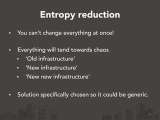 Entropy reduction
• You can’t change everything at once! 
• Everything will tend towards chaos
• ‘Old infrastructure’
• ‘New infrastructure’
• ‘New new infrastructure’
!
• Solution specifically chosen so it could be generic.
26
 