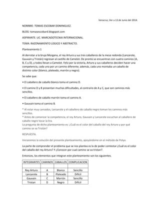 Veracruz, Ver a 13 de Junio del 2014.
NOMBRE: TOMAS ESCOBAR DOMINGUEZ.
BLOG: tomasescobard.blogspot.com
ASPIRANTE: LIC. MARCADOTECNIA INTERNACIONAL.
TEMA: RAZONAMIENTO LOGICO Y ABSTRACTO.
Planteamiento 1
Al derrotar a la bruja Morgana, el rey Arturo y sus tres caballeros de la mesa redonda (Lanzarote,
Gauvain y Tristán) regresan al castillo de Camelot. De pronto se encuentran con cuatro caminos (A,
B, C y D), y todos llevan a Camelot. Feliz por la victoria, Arturo y sus caballeros deciden hacer una
competencia, cada uno por un camino diferente; además, cada uno montaba un caballo de
distinto color (blanco, plateado, marrón y negro).
Se sabe que:
• El caballero de caballo blanco toma el camino D.
• El camino D y B presentan muchas dificultades, al contrario de A y C, que son caminos más
sencillos.
• El caballero de caballo marrón toma el camino A.
• Gauvain toma el camino B.
* Al estar muy cansados, Lanzarote y el caballero de caballo negro toman los caminos más
sencillos.
* Antes de comenzar la competencia, el rey Arturo, Gauvain y Lanzarote escuchan al caballero de
caballo negro tocar la lira.
La pregunta de dicho planteamiento es: ¿Cuál es el color del caballo del rey Arturo y por qué
camino se va Tristán?
RESPUESTA.
Iniciaremos la solución del presente planteamiento, apoyándome en el método de Polya.
La parte de comprender el problema que se nos plantea es la de poder contestar ¿Cuál es el color
del caballo del rey Arturo? Y ¿Conocer por cual camino se va tristan?.
Entonces, los elementos que integran este planteamiento son los siguientes.
INTEGRANTES CAMINOS CABALLOS COMPLICACION
Rey Arturo A Blanco Sencillo
Lanzarote B Plateado Difícil
Gauvain C Marrón Sencillo
Tristan D Negro Difícil
 