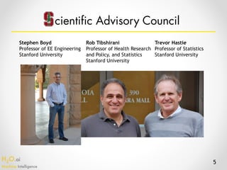 H2O.ai 
Machine Intelligence
5
cientific Advisory Council
Stephen Boyd
Professor of EE Engineering
Stanford University
Rob Tibshirani
Professor of Health Research
and Policy, and Statistics
Stanford University
Trevor Hastie
Professor of Statistics
Stanford University
 