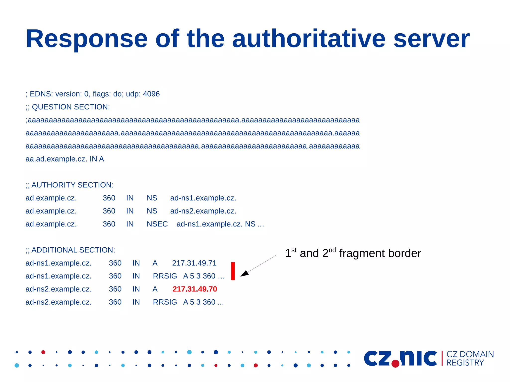 Response of the authoritative server
; EDNS: version: 0, flags: do; udp: 4096
;; QUESTION SECTION:
;aaaaaaaaaaaaaaaaaaaaaaaaaaaaaaaaaaaaaaaaaaaaaaaaaa.aaaaaaaaaaaaaaaaaaaaaaaaaaaa
aaaaaaaaaaaaaaaaaaaaaa.aaaaaaaaaaaaaaaaaaaaaaaaaaaaaaaaaaaaaaaaaaaaaaaaaa.aaaaaa
aaaaaaaaaaaaaaaaaaaaaaaaaaaaaaaaaaaaaaaaa.aaaaaaaaaaaaaaaaaaaaaaaaa.aaaaaaaaaaaa
aa.ad.example.cz. IN A
;; AUTHORITY SECTION:
ad.example.cz.

360

IN

NS

ad-ns1.example.cz.

ad.example.cz.

360

IN

NS

ad-ns2.example.cz.

ad.example.cz.

360

IN

NSEC

ad-ns1.example.cz. NS ...

;; ADDITIONAL SECTION:
ad-ns1.example.cz.

360

IN

A

217.31.49.71

ad-ns1.example.cz.

360

IN

RRSIG A 5 3 360 …

ad-ns2.example.cz.

360

IN

A

ad-ns2.example.cz.

360

IN

RRSIG A 5 3 360 ...

217.31.49.70

1st and 2nd fragment border

 