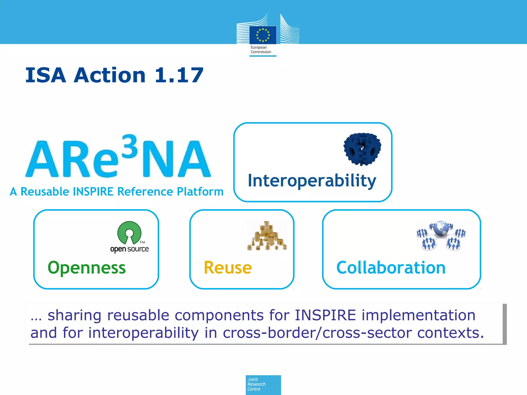 ISA Action 1.17

A Reusable INSPIRE Reference Platform

Openness

Interoperability

Reuse

Collaboration

… sharing reusable components for INSPIRE implementation
… sharing reusable components for INSPIRE implementation
and for interoperability in cross-border/cross-sector contexts.
and for interoperability in cross-border/cross-sector contexts.

 
